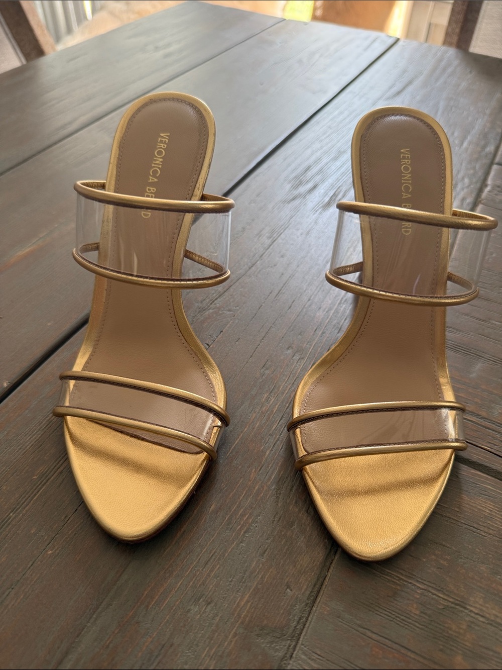 Veronica Beard Metallic Gold Clear-Strap Slide Heels